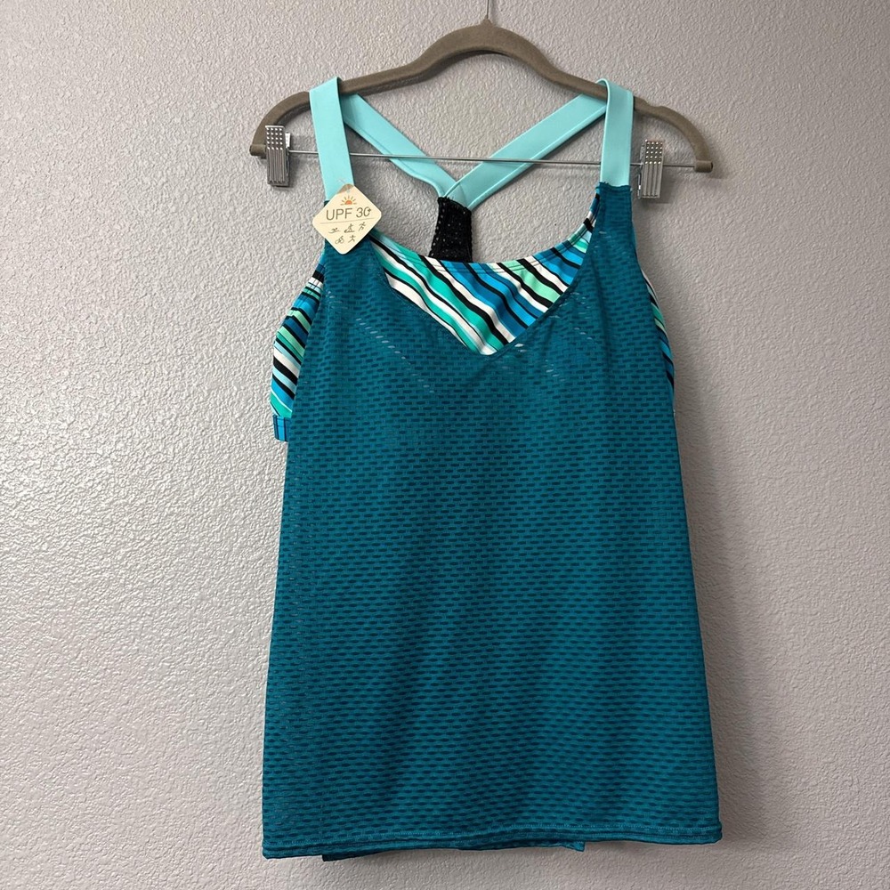 ZEROXPOSURE Blue Striped 2 in 1 Mesh Tankini Top Wide Strap UPF 30+